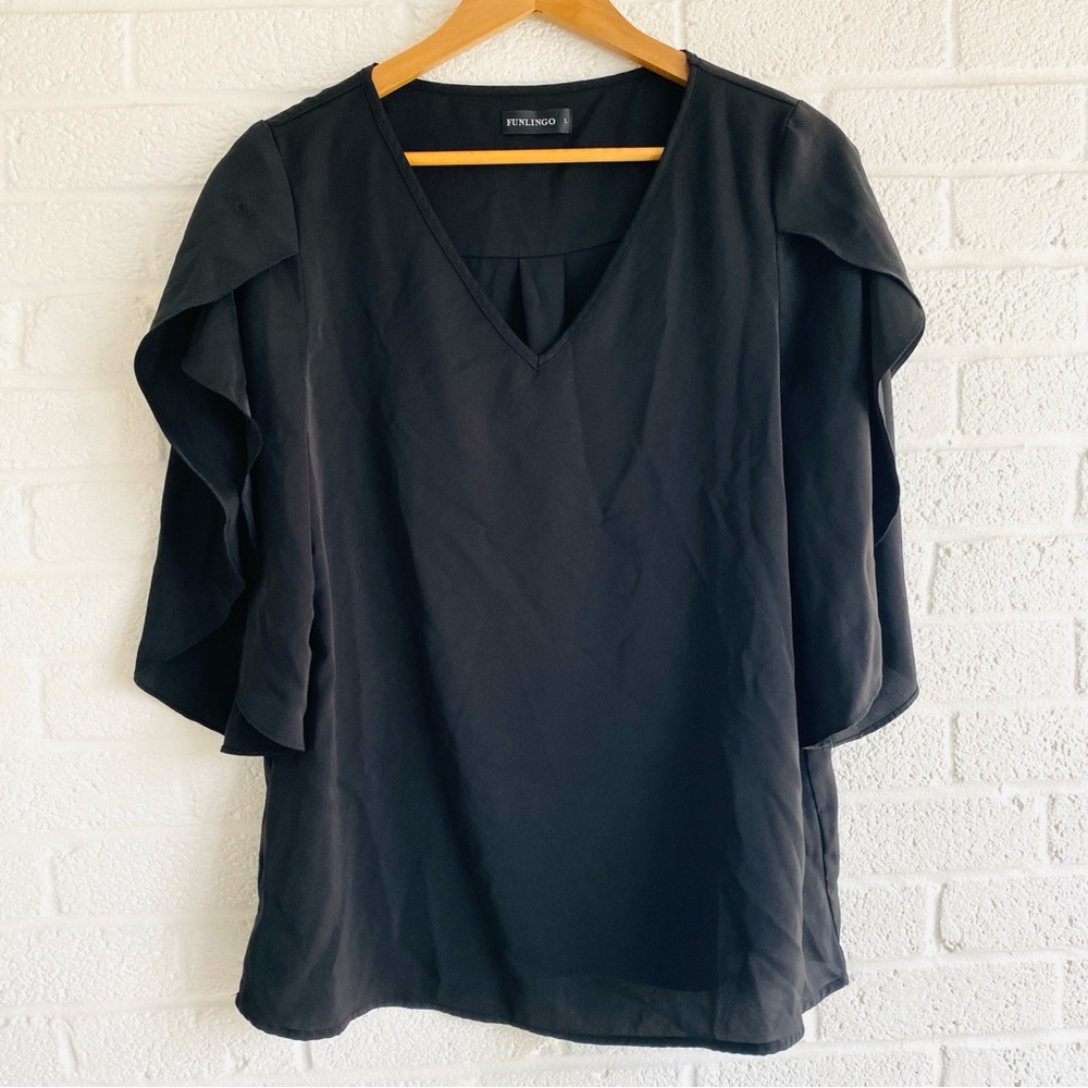 Funlingo Black V-Neck Blouse Large Short Sleeves Top Whimsigoth Witchy Goth
